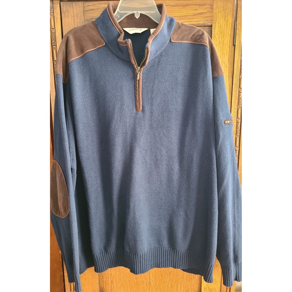 Orvis Mens XXL Navy Blue 1/4 Zip Cotton Sweater Corduroy Elbow Shoulder Patches